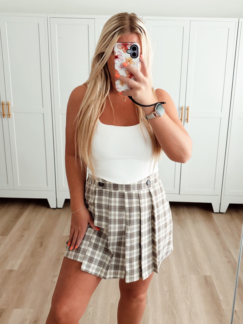 Nwt Beige White And Brown Plaid Pleated High Waisted Button Skirt